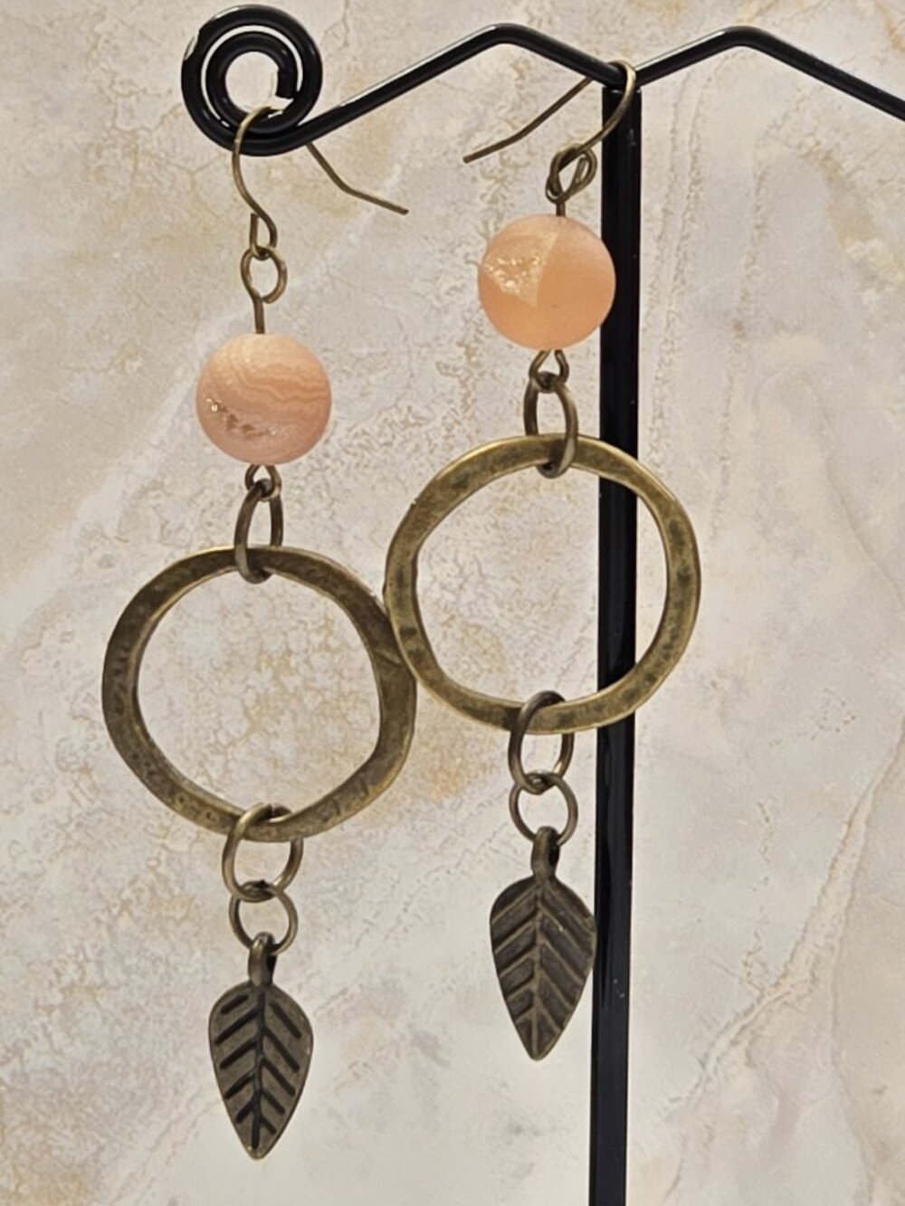 HAND MADE Boho Artisan Earrings: Druzy Agate & Hammered Brass Dangles